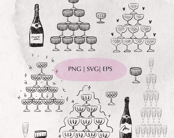 Wedding Champagne Tower from Wine Glasses Flutes Hand Drawn Wedding Set of Ink Icons for Invitations SVG PNG EPS