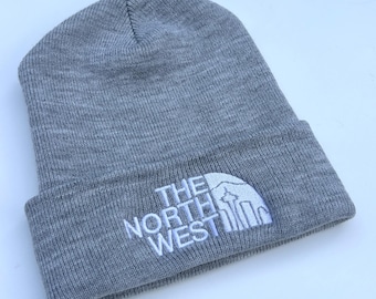 The North West Beanie: Seattle Skyline Space Needle Knit Beanie, PNW Washington Embroidered Cuffed Beanie (White Thread Logo)