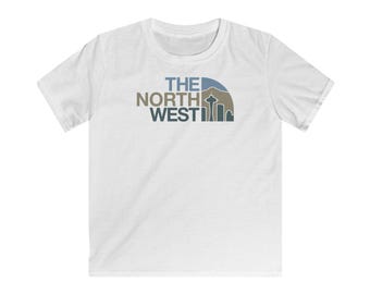 Kids PNW The North West Seattle Skyline Washington Space Needle T-shirt - Coastal Colorway. Youth Softstyle T-shirt. (Multiple Colors)
