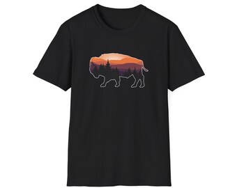 Adventure Awaits: Sunset Bison T-Shirt - Unisex Softstyle T-Shirt - Sunset Colorway. (Multiple Colors Available)