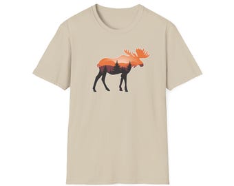 Adventure Awaits: Sunset Moose T-Shirt - Unisex Softstyle T-Shirt - Sunset Colorway. (Multiple Colors Available)