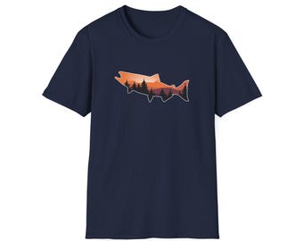 Adventure Awaits: Sunset Salmon T-Shirt - Unisex Softstyle T-Shirt - Sunset Colorway. (Multiple Colors Available)