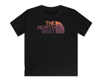 Kids PNW The North West Seattle Skyline Washington Space Needle T-shirt - Sunset Colorway. Youth Unisex Softstyle T-shirt. (Multiple Colors)
