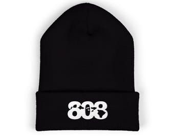 808 Beanie - Hawaiian Islands Local Pride Knit Beanie, Hawaii Embroidered Cuffed Beanie (White Thread)