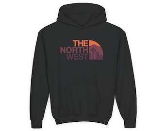 Kids PNW The North West Seattle Skyline Washington Space Needle Youth Hoodie - Sunset Colorway. Rep the Pacific Northwest (Multiple Colors)
