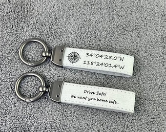 Personalized Leather Keychain: Engraved Coordinates, First Date Gift
