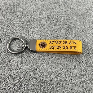 May include: A yellow leather keychain with a compass design and the coordinates 37°52'28.6"N 32°29'35.5"E.