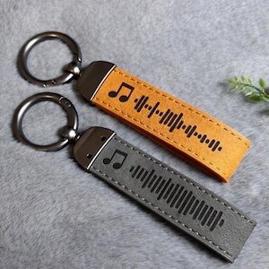 Personalized Music Code Leather Keychain – Custom Song Scannable Playlist Engraved Gift for Him Her
