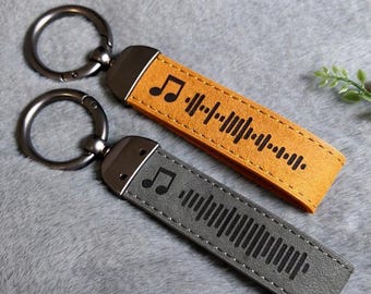 Personalized Music Code Leather Keychain – Custom Song Scannable Playlist Engraved Gift for Him Her