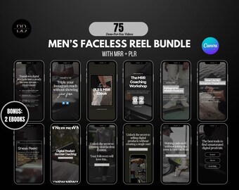 May include: A collection of 75 done-for-you videos for men's faceless reel bundle with MRR + PLR. The videos are displayed on a smartphone screen. The text on the screen includes "Transform digital products into a steady income stream - Here's how", "Triple your Instagram reach without showing your face", "PLR & MRR Ebook", "The MRR Coaching Workshop", "Instagram's Hidden Feature", "How I 4x My Instagram Engagement", "Sneak Peek!", "Digital Product Success Coaching", "Unlock the secret to creating viral faceless content", "Unlock the secret to selling digital products without creating a single one!", "Making cash on IG without letting my crew & team catch on", "The best tools to find unsaturated digital products".