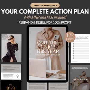 Può includere: Un mockup di prodotto digitale che presenta un tablet che mostra un'immagine di copertina per un e-book intitolato "Quit the 9-5 Job This Year: Your Complete Action Plan". La copertina dell'e-book presenta una donna che indossa una blusa beige e tiene un telefono. Il mockup include anche diverse pagine dell'e-book, mostrando un design minimalista con testo in bianco e nero e uno sfondo grigio chiaro. Il testo "122 Pages" è visualizzato in un cerchio rosa.