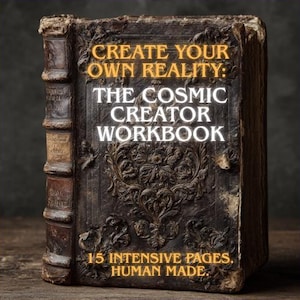 Może przedstawiać: Książka w stylu vintage z tytułem "CREATE YOUR OWN REALITY: THE COSMIC CREATOR WORKBOOK" w złotych i białych literach. Okładka jest ciemnobrązowa z wytłoczonymi wzorami. Książka ma 15 intensywnych stron i jest wykonana ręcznie.