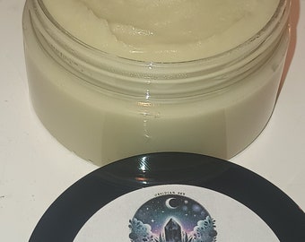 May include: A 4 oz jar of natural body butter with rose and lavender oils. The jar has a black lid with a sticker that says "Natural Body Butter w/ Rose & Lavender Oils" and a moon and crystal design.