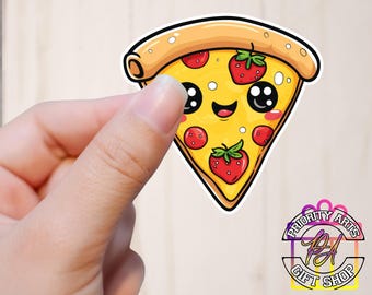 May include: A cartoon pizza slice with a smiling face, pepperoni, and strawberries. The pizza is yellow with a red crust and white cheese.