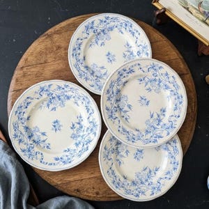 Antike französische Ironstone Salatteller, 4er Set, U & C Sarreguemines ""Epine"" Modell, Blau und Weiß Terre de Fer, französisches Land des 19.Jahrhunderts."