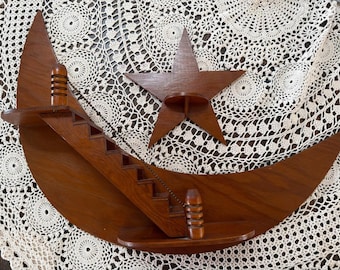 Vintage Wooden Crescent Moon Wall Shelf Display Staircase + Star Shelf Celestial