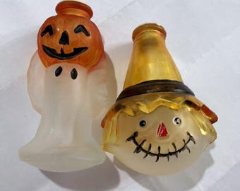 VTG Old World Halloween Glass String Light Globes 2 Pcs Ghost Pumpkin Scarecrow