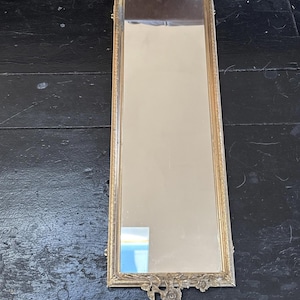 May include: A rectangular, gold-framed mirror with floral accents at the top and bottom. The mirror's reflective surface is surrounded by an ornate, detailed border. The frame has a vintage aesthetic.