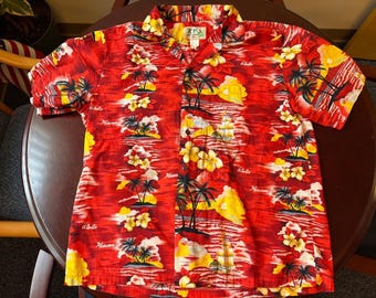 VTG Men Hawaiian Shirt Sz L Aloha Orange Palm Tree Pirate Ship Cotton Colorful