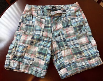 Vintage Women Blue Plaid Patchwork Sz 8 Madras Shorts 8” Inseam Pockets Mid Rise