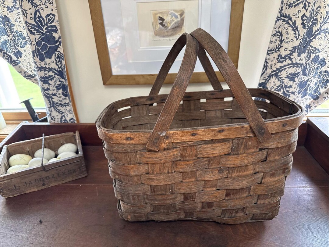 Antique Splint Oak Double Handle Gathering Wood Woven Basket 16x10x10 ...