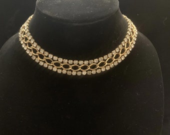 Vtg Costume Jewelry Gold Tone Simulated Diamond Necklace/Chocker 14”