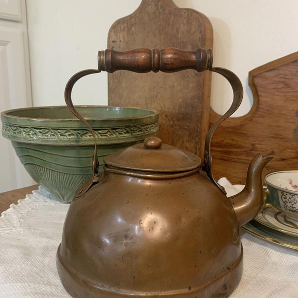 Vintage Tagus R52 Copper Tea Kettle Portugal Wooden Handle,Patina, Primitive