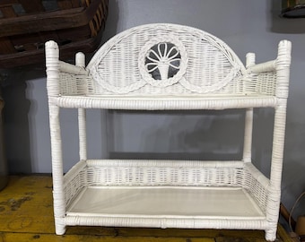 Mid 20th Century Vintage White Rattan Wicker Wood Two-Tier Shelf Boho Cottage shabby chic floral braided design unique