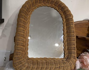 Vintage MCM Wicker Rattan Mirror 12x16” Natural Cottage 60s 70s Boho Neutral