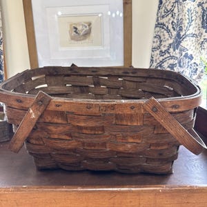 Antique Splint Oak Double Handle Gathering Wood Woven Basket 16x10x10 ...