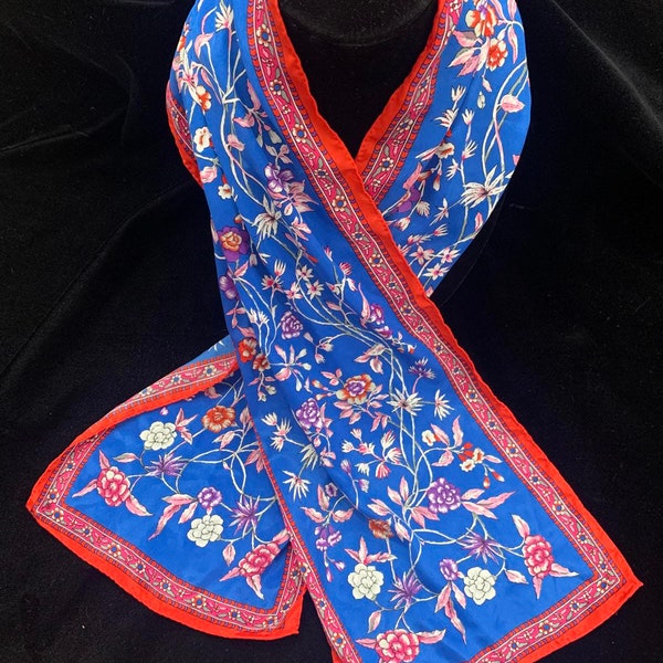 beautiful vintage ladies silk blue and red floral scarf 10 wide and 52 in long