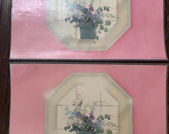 vintage laminated placemats set of 4 pink floral reversible 1979 grannycore