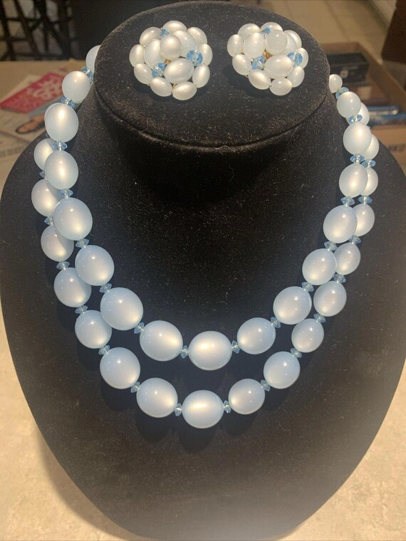 Vintage Necklace Double Blue Moonglow Lucite Bead… - image 1