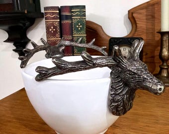 PIER 1 Serving Bowl White Ceramic With Metal Elk Deer Stag Head Handles Rustic