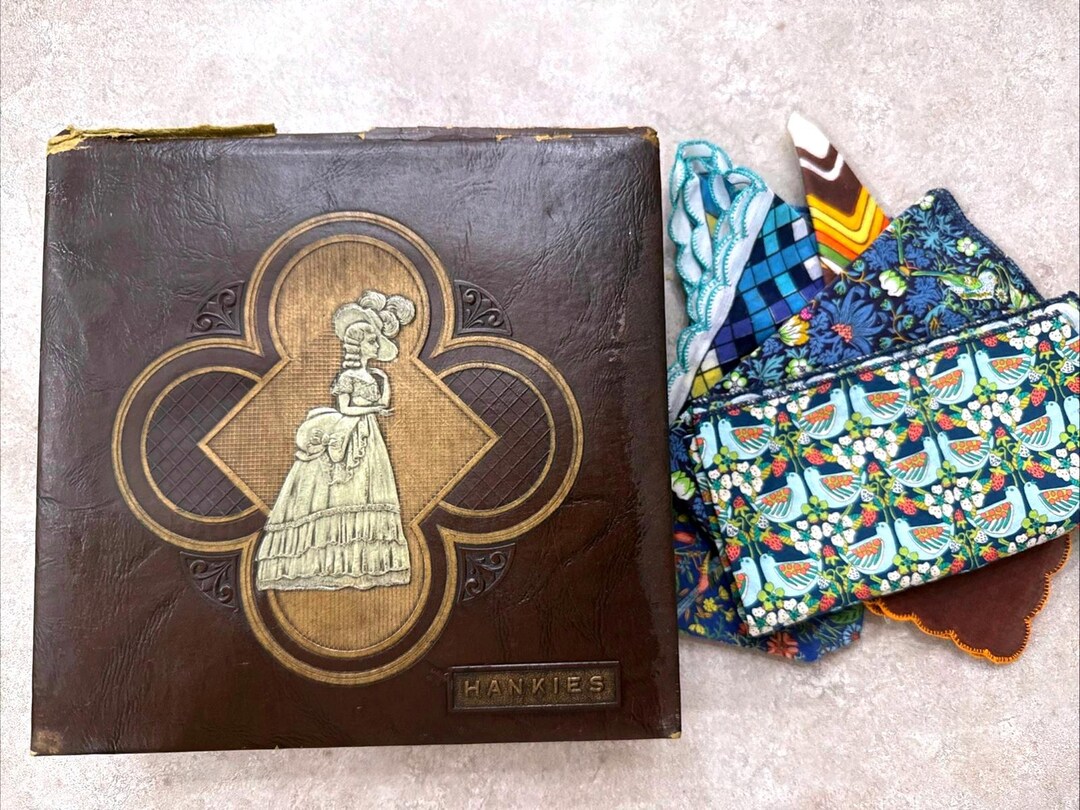 VTG Hankies Handkerchief Storage Box Embossed Woman Dress & Hat With 6 ...