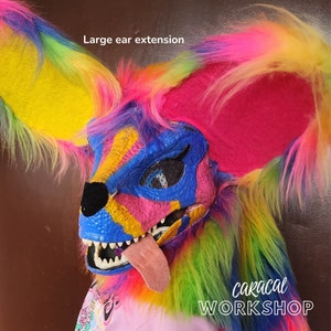 Rainbow Dino Fursona Mask with Large Ears - Raptor Partial Fursuit - Rainbow Faux Fur - Cosplay Gear - Dinosaur Fans Gift - MADE TO ORDER