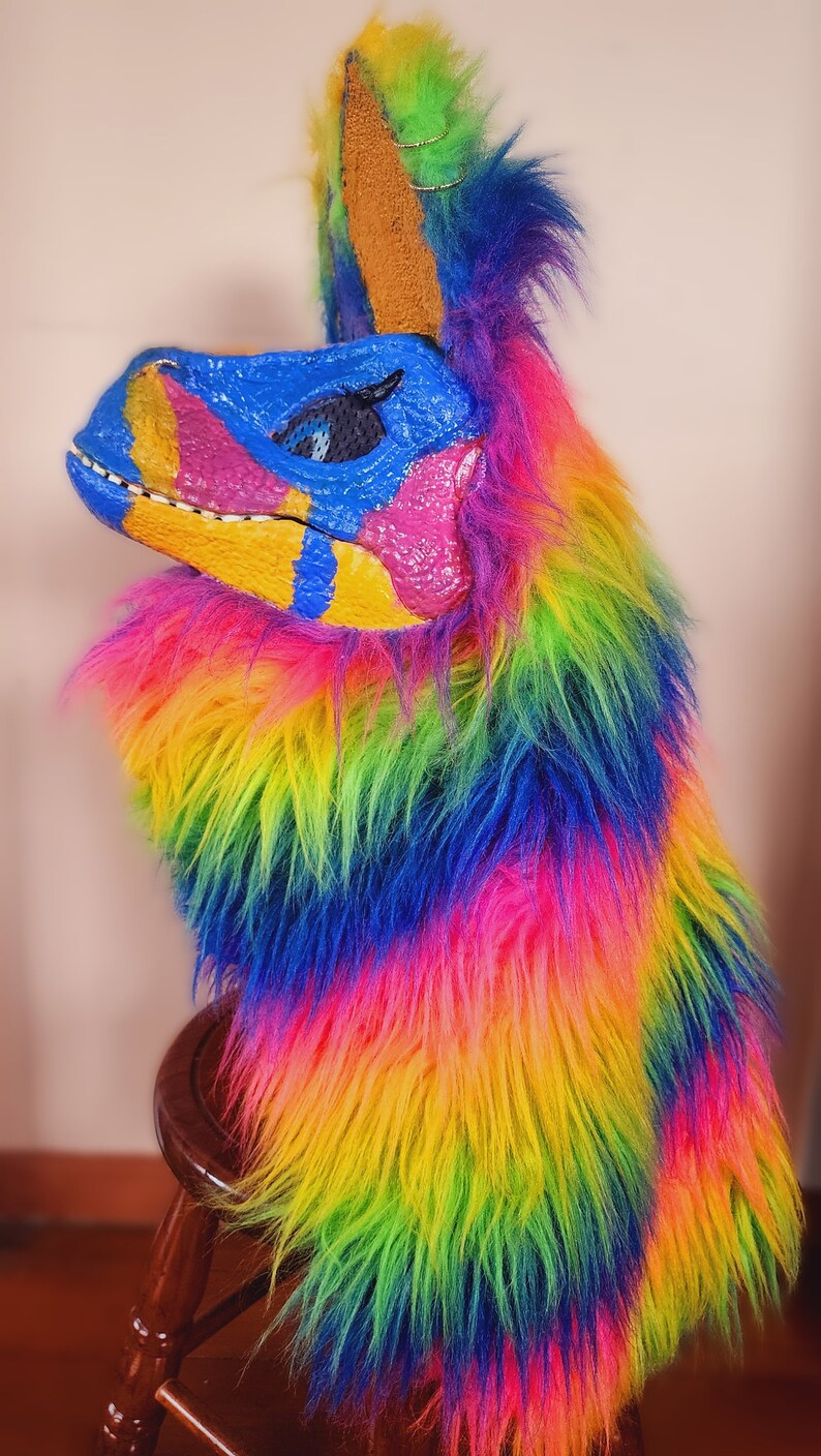 Pyro Raptor Fursona Rainbow Dog Dino Fursona Mask - Handcrafted Raptor Partial Fursuit ...