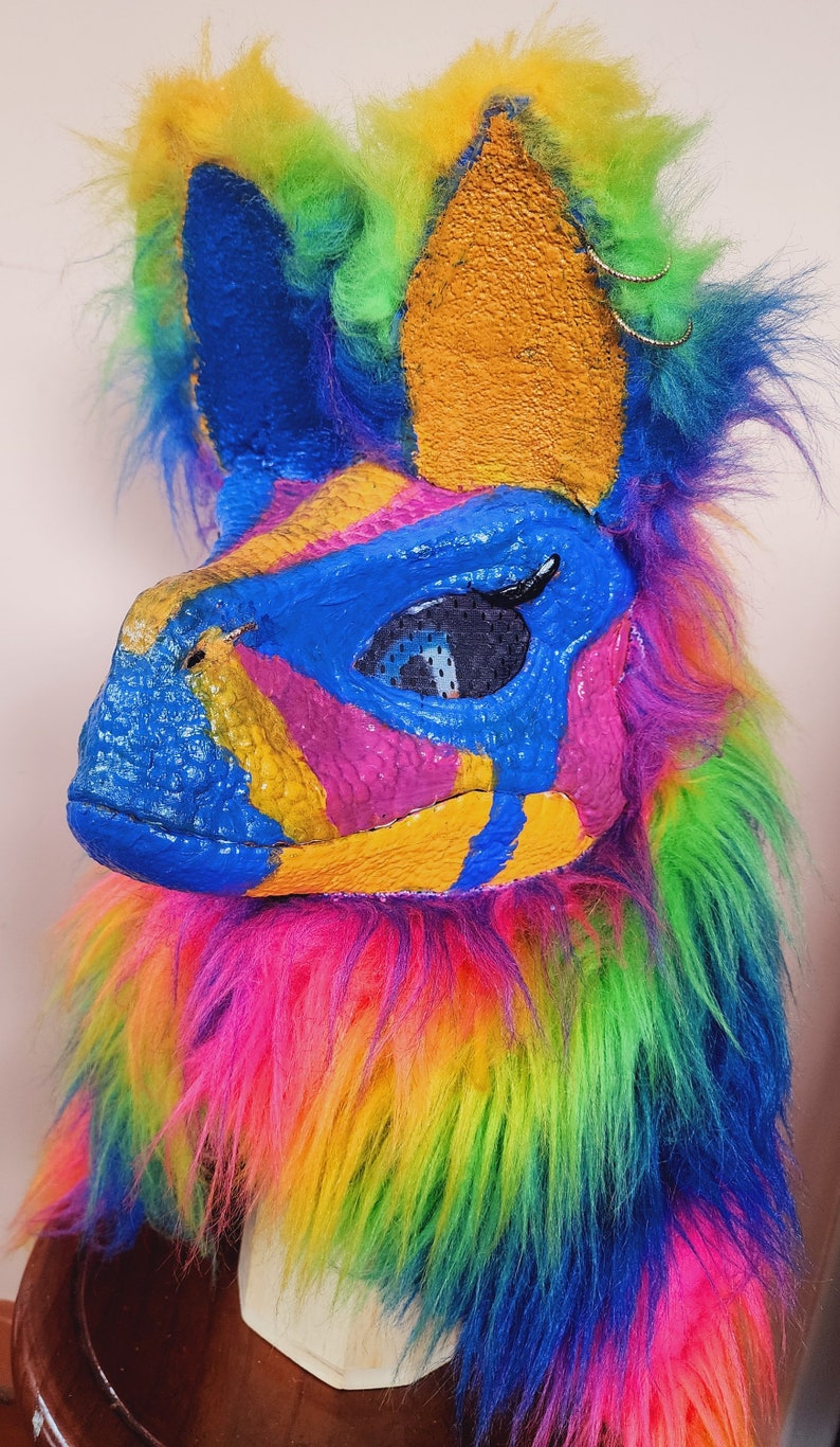 Pyro Raptor Fursona Rainbow Dog Dino Fursona Mask - Handcrafted Raptor Partial Fursuit ...