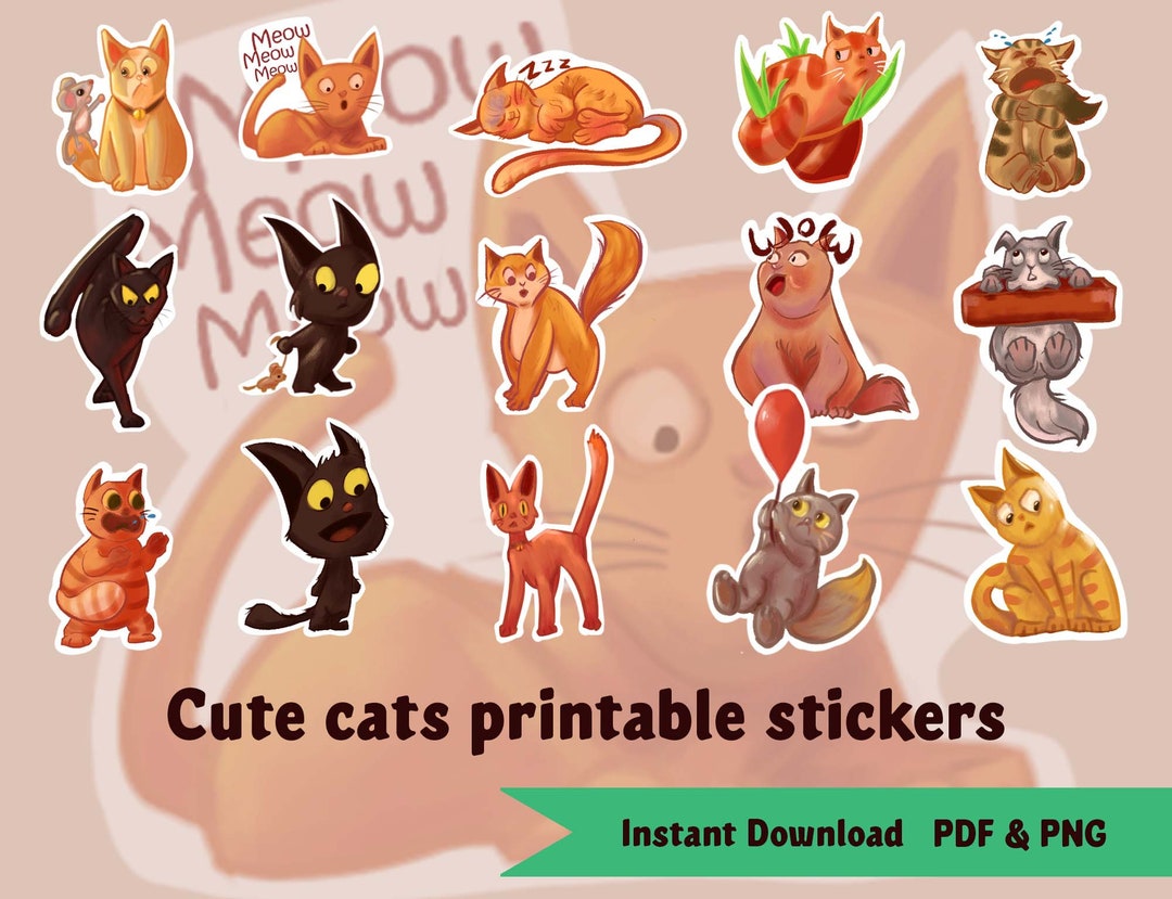 Cute Animal Cats Digital Printable Print and Cut Stickers Cricut Kawaii ...