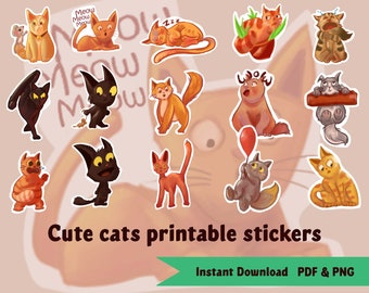 Cute animal cats digital printable print and cut stickers - cricut kawaii kitten packaging sticker gift