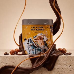 May include: A cylindrical metal tin with a yellow label featuring the text LET'S GET SUN-KISSED and FILIPS SMITS. The label depicts two figures sunbathing on towels. The tin is surrounded by flowing dark chocolate and caramel ribbons.