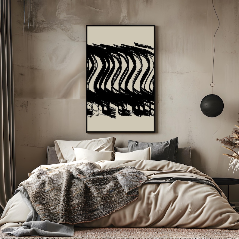 Brushstroke Abstract Wall Art, Modern Minimalist Black Print, Japandi Living Room Decor, Instant Digital Download image 4