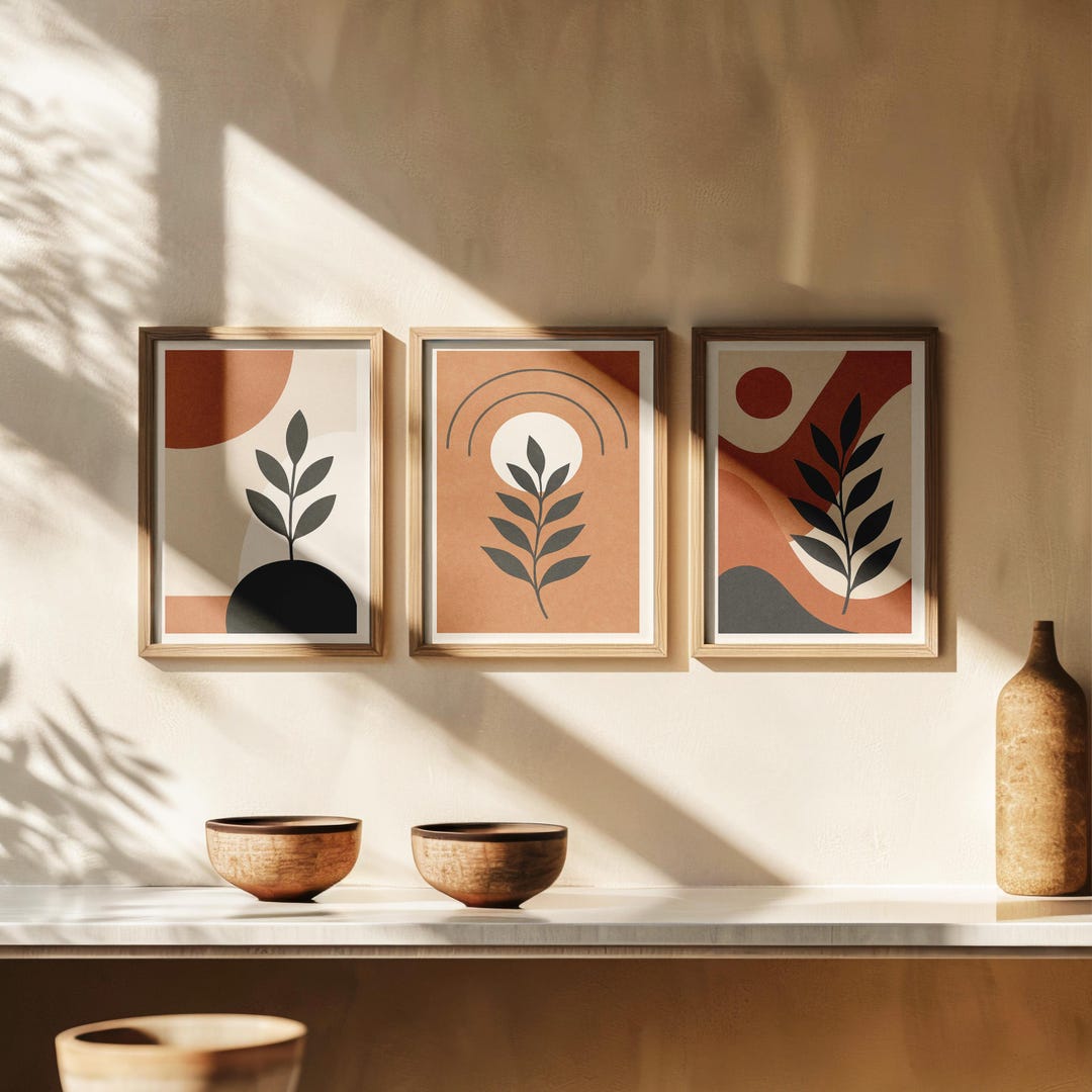 Minimalist Botanical Wall Art Set of 3, Terracotta Abstract Prints ...