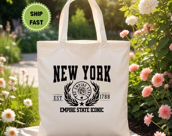 New York Empire State Cotton Canvas Tote Bag: Reusable Shopping Bag