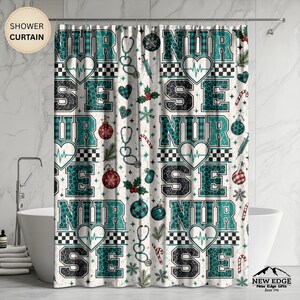 Kerstverpleegster douchegordijn, nep patchwork, stethoscoop, hartslag, turquoise ruitjespatroon, verpleegstersdecoratie voor de feestdagen, cadeau voor verpleegsters