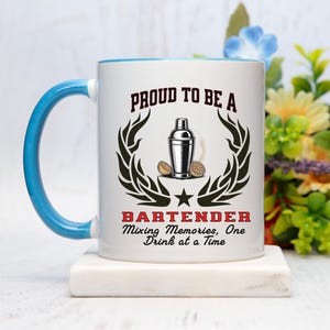 proud to be a bartender ceramic accent coffee mug – "mixing memories, one drink at a time" – unique bartender gift by new edge gifts and nov