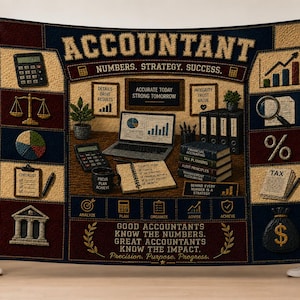 May include: A rectangular fleece blanket featuring a dark blue and tan design with the text ACCOUNTANT, NUMBERS, STRATEGY, SUCCESS. The graphic includes a laptop, calculator, books, a magnifying glass, a money bag, and various accounting icons.