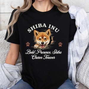 Shiba Inu T-Shirt – Unisex Tee with “Bold Presence, Shiba Charm Forever” | Cute Dog Lover Gift for Shiba Fans