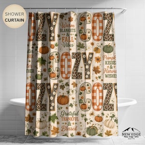 Cortina de ducha acogedora de otoño con estampado de calabazas de patchwork, leopardo y vichy, hojas de otoño, decoración rústica con el tema "Agradecido, Bendecido".