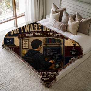 Software Developer Woven Blanket Building Solutions One Line of Code Faux Patchwork Office Wall Decor Gift